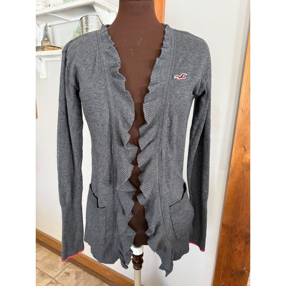 Y2K Hollister Gray Ruffle Open Front Cardigan‎ Sweater Rabbit Hair Blend Size M